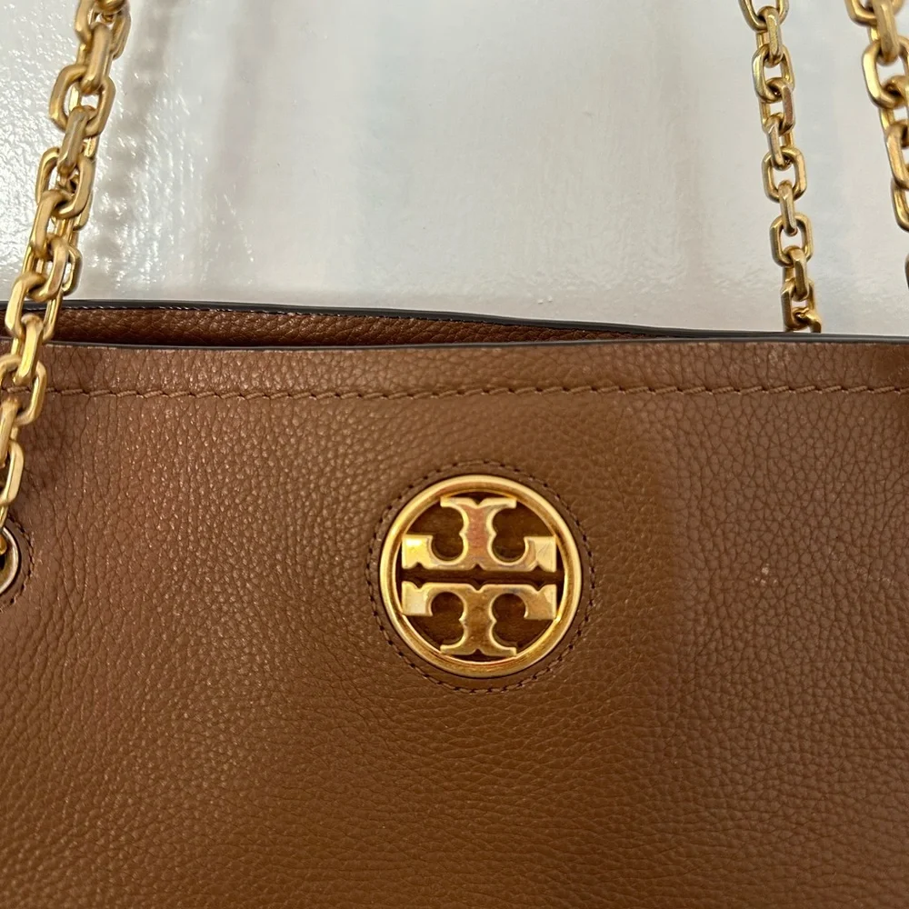 Tory Burch Cognac Pebbled Leather Tote with Gold Logo Chain